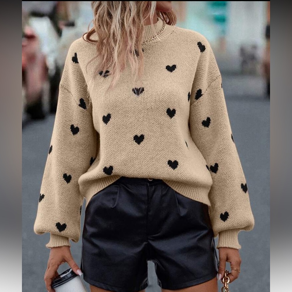 SHEIN Beige Sweater with Black Heart Pattern